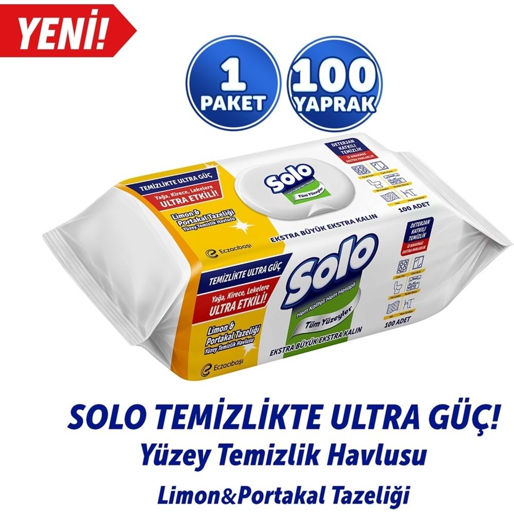 Solo Yüzey Temizlik Havlusu - Mendili 100 Yaprak Limon & Portakal Tazeliği (6 Lı Set) 600 Yaprak