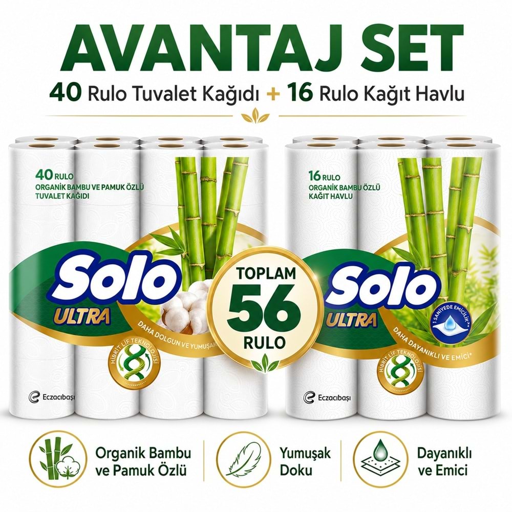 Solo Avantaj Set 40 Rulo Tuvalet Kağıdı + Ultra Kağıt Havlu 16 Lı Rulo Organik Bambu ve Pamuk Özlü