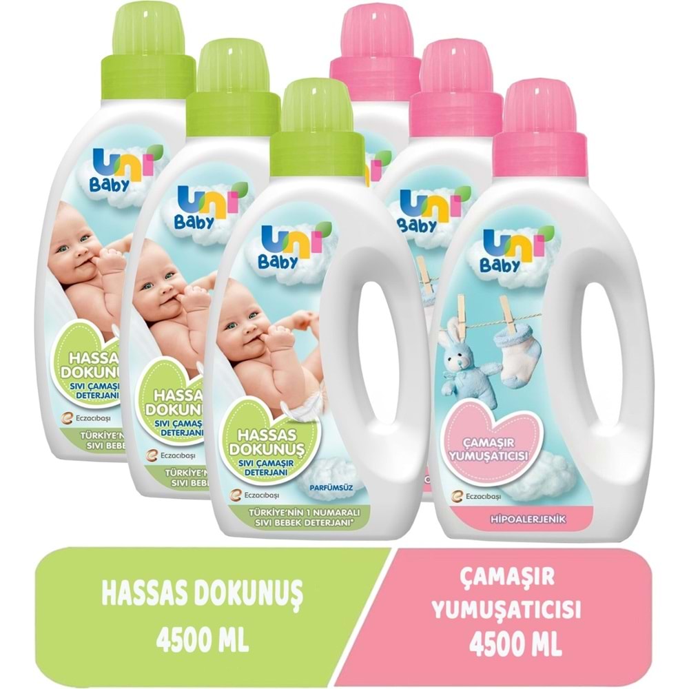Uni Baby Çamaşır Deterjanı Sensitive 1500ML+Yumuşatıcı 1500ML Hassas/Hipoalerjenik Karma (6 Lı Set)