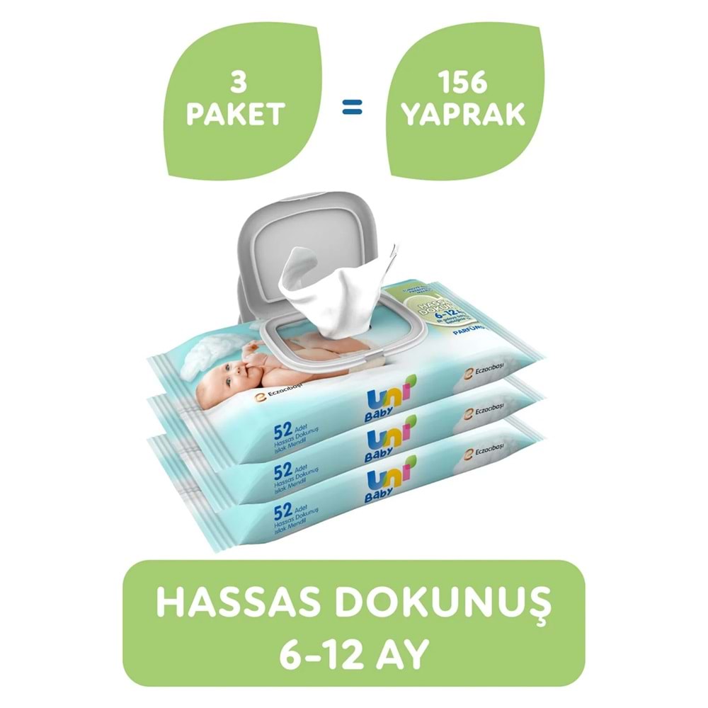 Uni Baby Islak Havlu Hassas Dokunuş 52 Yaprak (36 Lı Set) 1872 Yaprak (12PK*3)