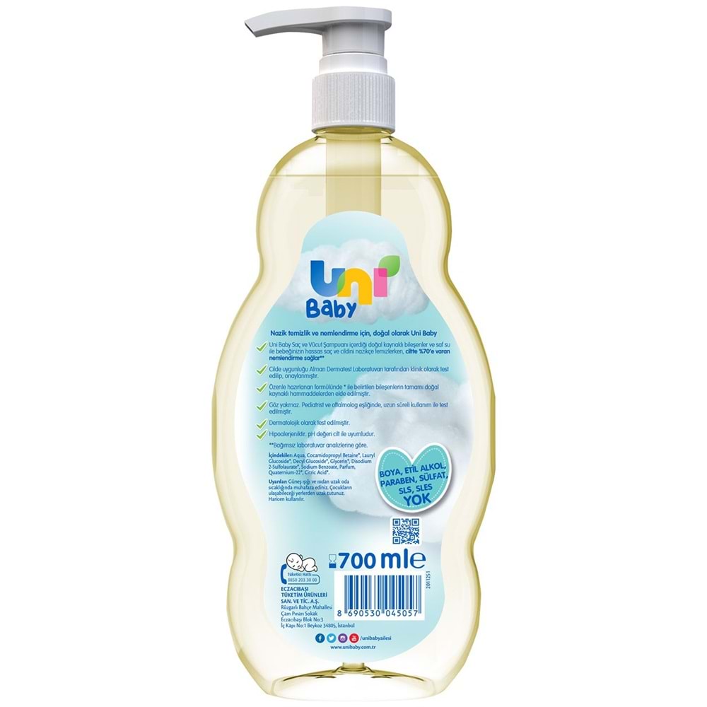 Uni Baby Bebek Saç ve Vücut Şampuanı 700ML Klasik (Pompalı) (12 Li Set)
