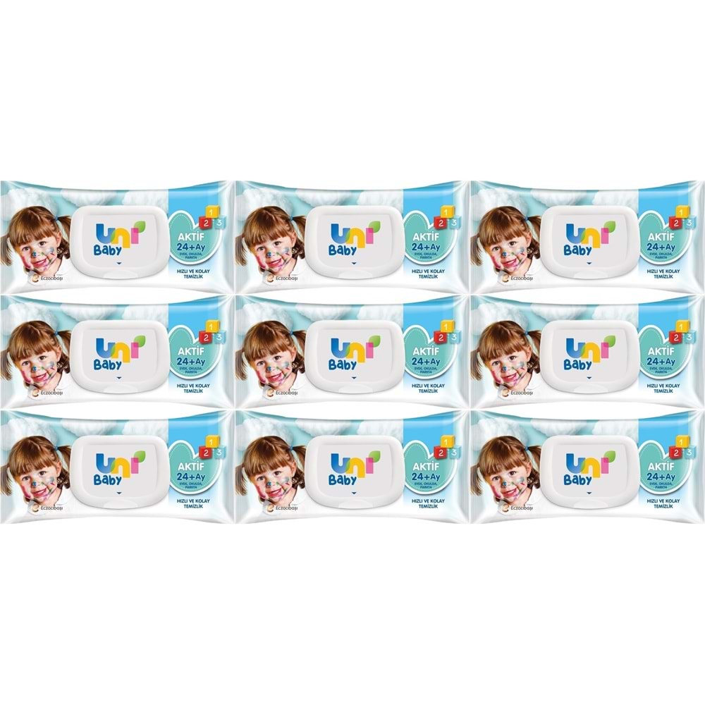 Uni Baby Islak Havlu Mendil 72 Yaprak Aktif (9 Lu Set) 648 Yaprak Plastik Kapaklı