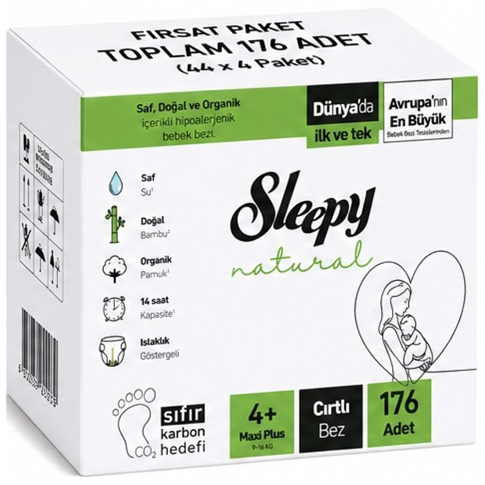Sleepy Bebek Bezi Natural 4+ Beden (9-16 KG) Maxi Plus 176 Adet Avantaj Fırsat Pk