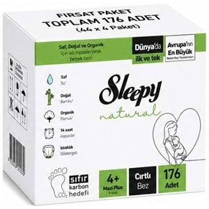 Sleepy Bebek Bezi Natural 4+ Beden (9-16 KG) Maxi Plus 176 Adet Avantaj Fırsat Pk